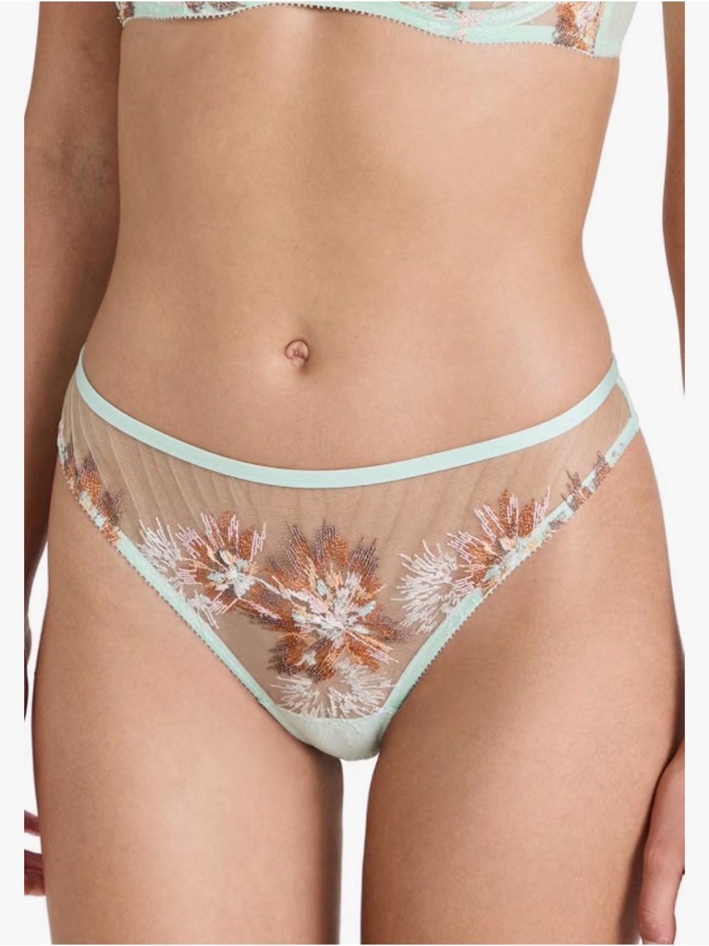 Cosabella Lagoon Mint Sheer Feminine Floral Embroidered Panty Thong L NWT mesh